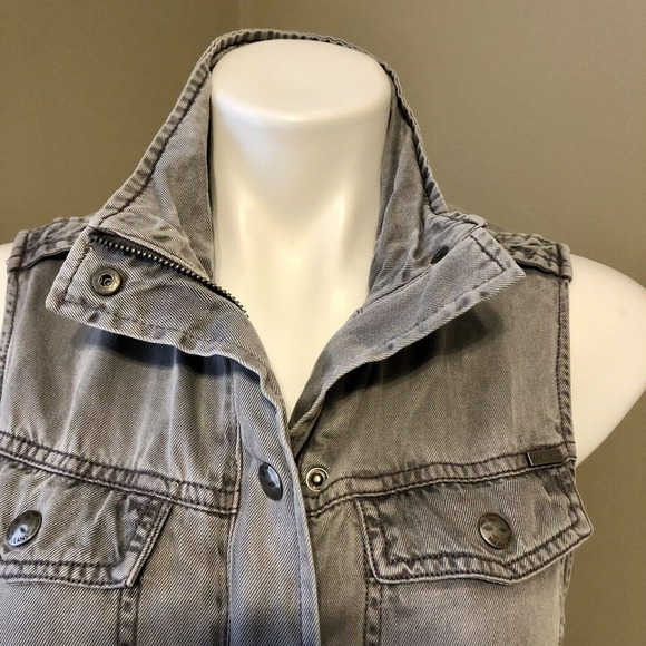 Max Jeans Utility Vest Small Gray 4 Pockets Full Zip w/ Snaps Adjustable Waist - Picture 4 of 11